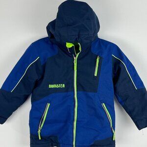 Monster Kids Parka Jacket Size 6 Blue Full Zip Hooded Lined Insulated Long Sleev